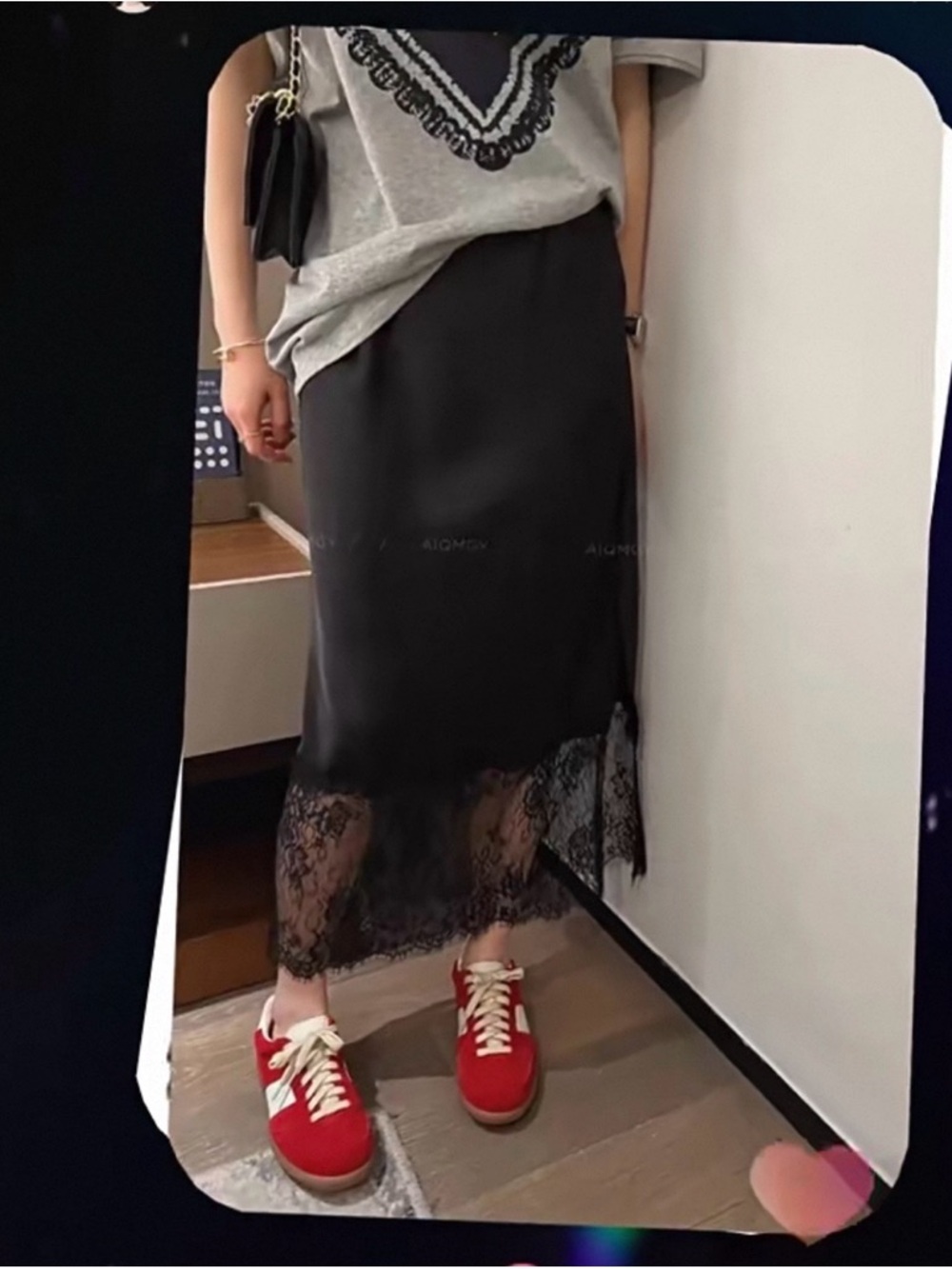 Black Lace-Hem Midi Skirt - Women's Stylish Slip Skirt size S
